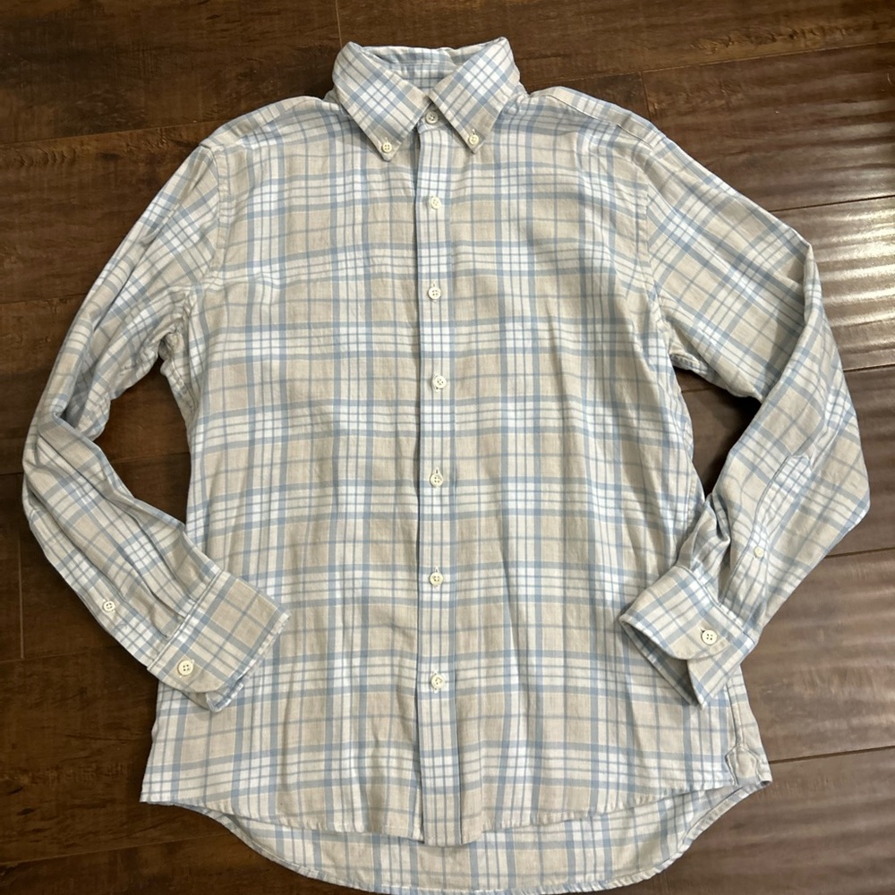 Proper Cloth 100% Cotton Light Blue Plaid Button Down Shirt size 16.25/Med EUC